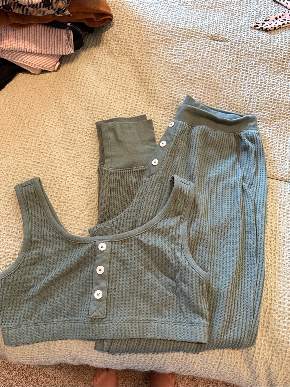 Old Navy Sage Green Waffle Knit Pajama Set Top is medium and pants are small